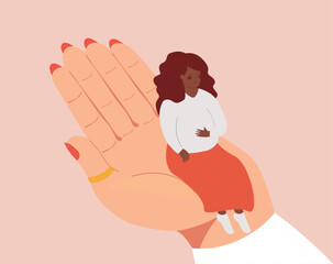 Pregnant black woman sits on a doctor's hand during a check-up. Maternity for women who need support and assistance. Hospital care, gynecologist, psychological and mental health concept.
