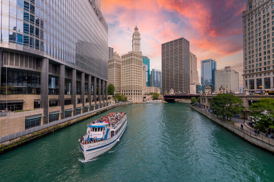 Chicago, USA - October 05, 2019 : Chicago City riverside view in USA