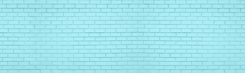 Light teal old brick wall wide texture. Pastel aqua color large masonry. Pale turquoise panoramic...