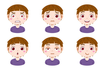 Collection of face expressions cute children cartoon character design. Different emotions boy Vector illustration. Face of smiling, crying, anger, surprise, indifferent isolated on white background.