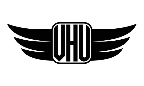 VHU three Letter wing minimalist creative concept icon eagle symbol professional black and white logo design, Vector template