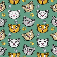Cute Cats with different emotions, Funny print with cat faces, Seamless square pattern