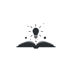 Open book with shining bulb flying out. Flat icon isolated on white background. Idea logo. Inspiration pictogram. Power of knowledge sign.
