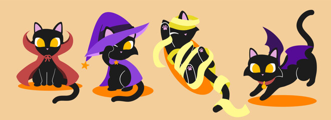 Cute black cat in Halloween costume. Black cats in vampire, , witch, mummy and incubus costume.