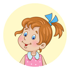 Portrait of a little cute girl.  Avatar icon in the circle. In cartoon style. Isolated on white background. Vector illustration.