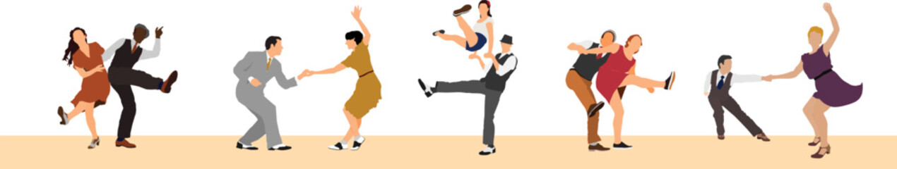 Set of pairs dancing. Men and women dancing Lindy hop or swing.  - obrazy, fototapety, plakaty