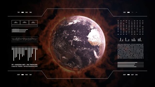 Climate changes analysis. Digital interface with animated infographics, data report and stats. Global warming study concept. Earth globe 3d burning for climate changes.