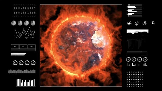 Climate changes analysis. Digital interface with animated infographics, data report and stats. Global warming study concept. Earth globe 3d burning for climate changes.