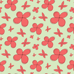Cute hand drawn floral seamless pattern with butterflies and flowers in red color. Endless background