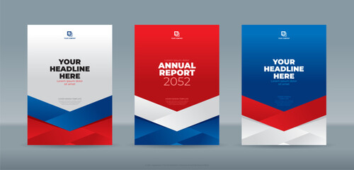 Modern red blue white ribbon color theme book cover template A4 size book cover template for annual report, magazine, booklet, proposal, portfolio, brochure, poster