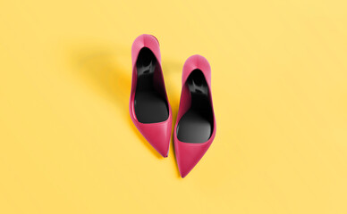 Female shoes on yellow background. Pop art style background concept.