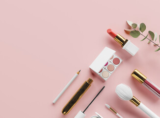 Glamour female set and make up cosmetic tools colorful background wallpaper.