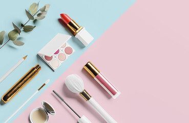 Glamour female set and make up cosmetic tools colorful background wallpaper.