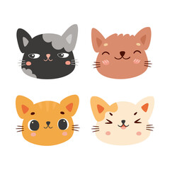 Kawaii cat. Cute cat face. Set of cute characters. Cat family. Vector illustration of kittens