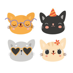 Kawaii cat. Cute cat face. Set of cute characters. Cat family. Vector illustration of kittens
