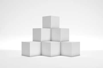White cube boxes on white background for display. 3d rendering.
