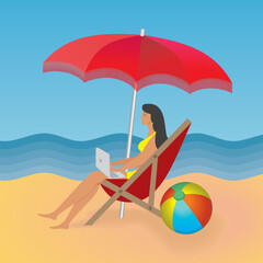 Woman working och communicte at the beach. Vector illustration. Square composition. - obrazy, fototapety, plakaty
