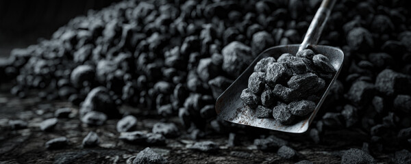 Coal on a shovel against the background of a pile - 3d illustration, the concept of rising coal prices © guteksk7