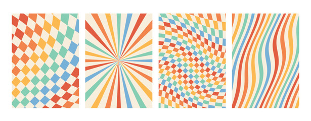 Groovy rainbow backgrounds. Chessboard, grid, waves, swirl, twirl pattern.. Twisted and distorted vector texture in a trendy retro psychedelic style. The aesthetics of the hippies of the 70s. - obrazy, fototapety, plakaty