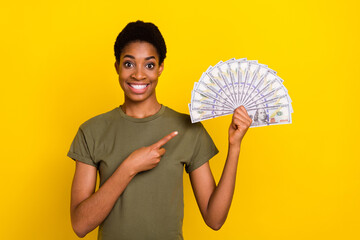 Portrait of cheerful person direct fingers dollars profit look camera isolated on yellow color...