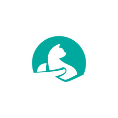 Cat in human hand in blue circle. veterinary logo. Pet's shop. Animal protection, care concept. icon isolated on white.