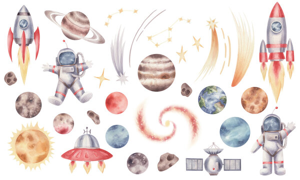 Watercolor set of space icons. Solar sistem objects and rockets and astronauts. Set illustrations on the space theme.