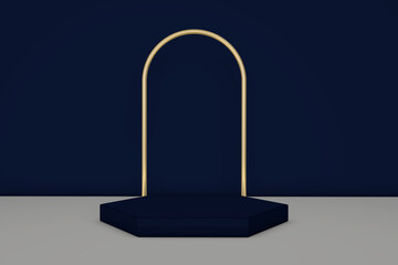 3d rendering white podium modern geometry with gold strip on the blue background for product display mockup background or modern graphic resource template.