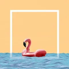  Flamingo tropical disco style bright background travel  concept. © egor