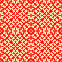 Seamless Chinese window tracery surface pattern design. Repeated yellow diamonds, brackets, chevrons on red background. Ancient ethnic ornament wallpaper. Oriental motif, textile print. Vector art.