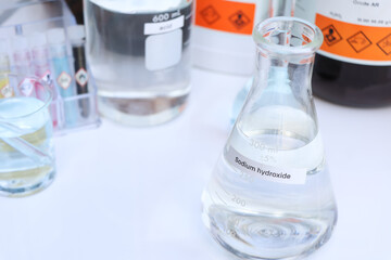 Sodium hydroxide in glass, chemical in the laboratory