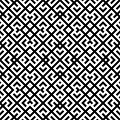 Seamless Chinese window tracery surface pattern. Asian lattice design. Repeated white rhombus scrolls, knots, brackets, diamonds on black background. Ancient ethnic ornament wallpaper. Oriental motif.