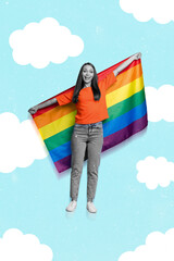 Vertical creative collage portrait of excited positive girl black white gamma arms hold lgbt flag...