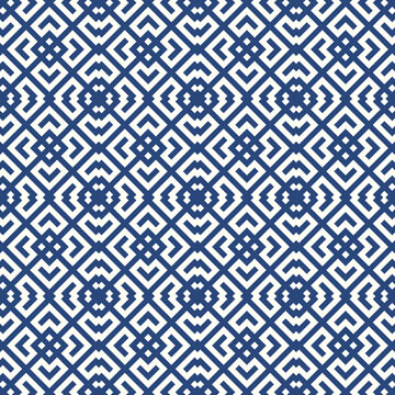 Seamless Chinese window tracery surface pattern design. Repeated white diamonds, brackets, chevrons on blue background. Ancient ethnic ornament wallpaper. Oriental motif, textile print. Vector art.