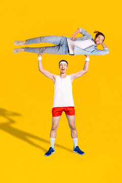 Vertical collage picture of sporty positive excited guy hands hold lifting his friends isolated on yellow background