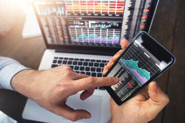 Trader program app graph website stock market background business crypto currency analytics.