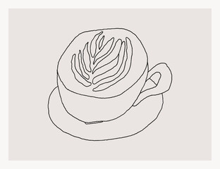 Coffee with latte art freehand line illustration. Doodle cappuccino cup