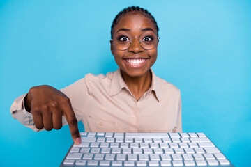Close-up photo of geek girl office worker have online group chat with colleagues isolated on blue...