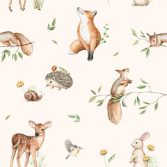 Woodland seamless pattern with wild animals. Hand drawn watercolor illustration on beige background. Baby deer, hedgehog, fox, bunny, squirrel, bird, snail, forest flora