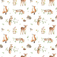 Woodland seamless pattern with wild baby animals. Hand drawn watercolor illustration on white background. Fawn, hedgehog, fox, bunny, squirrel, bird, snail, forest flora © Victoria Pak