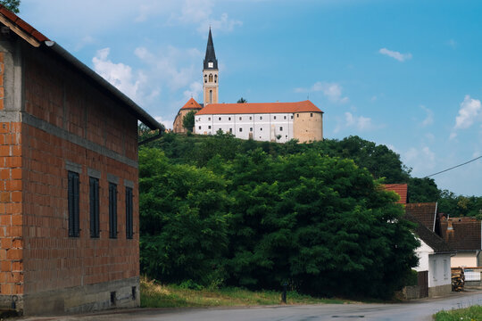 Beautiful road view of the medieval castle tower in town Ilok Croatia
