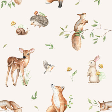 Watercolor seamless pattern with hand drawn wild woodland animals. Beige rose background. Baby deer, hedgehog, fox, bunny, squirrel, bird, snail, forest flora. Nursery print, card, paper, textile