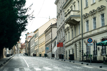 Fototapeta na wymiar Empty asphalt road and old historic street in downtown of Zagreb, Croatia. Translation from Croatian - parking Tuskanac bypass
