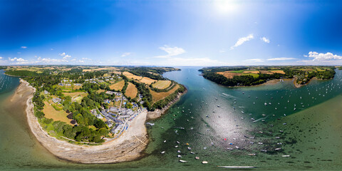 Aerial 360 VR panorama of Helford river and coastline, Lizard peninsula, Cornwall, UK