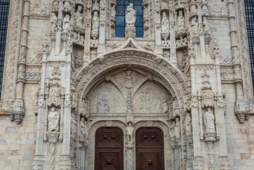 Fototapeta na wymiar Close up on Jeronimos Monastery portal in Belem area, Lisbon, Portugal