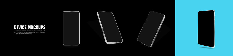 Presentation modern phone with blank screen. Mobile phone from different angles. Phone is on the side, straight and slanted. Realistic modern phone on isolated background from different angles