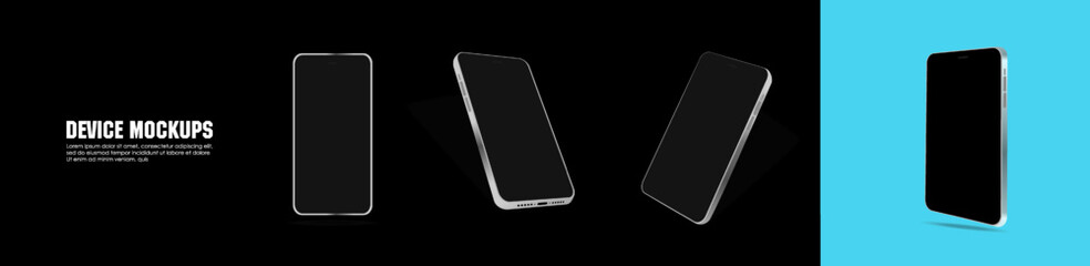 Presentation modern phone with blank screen. Mobile phone from different angles. Phone is on the side, straight and slanted. Realistic modern phone on isolated background from different angles