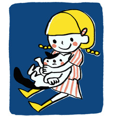 猫カフェでネコを抱く女の子と猫ちゃん、動物愛護のイラスト