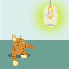 Bronw and green cat sitting looking at dragonfly in the lamp with a blue background, EPS vector