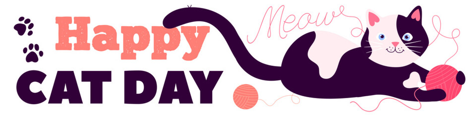Happy cat day vector banner illustration with cute cat and pink yarn