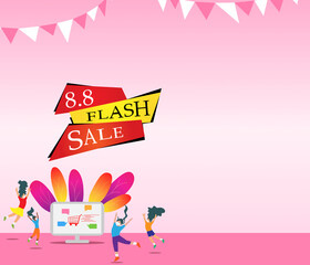Sale promotion with text FLASH SALE and happy ethnic girl on mobile phone design for banner sale with lovely women running go to shopping in abstract background and colorful shirt. Vector illustration